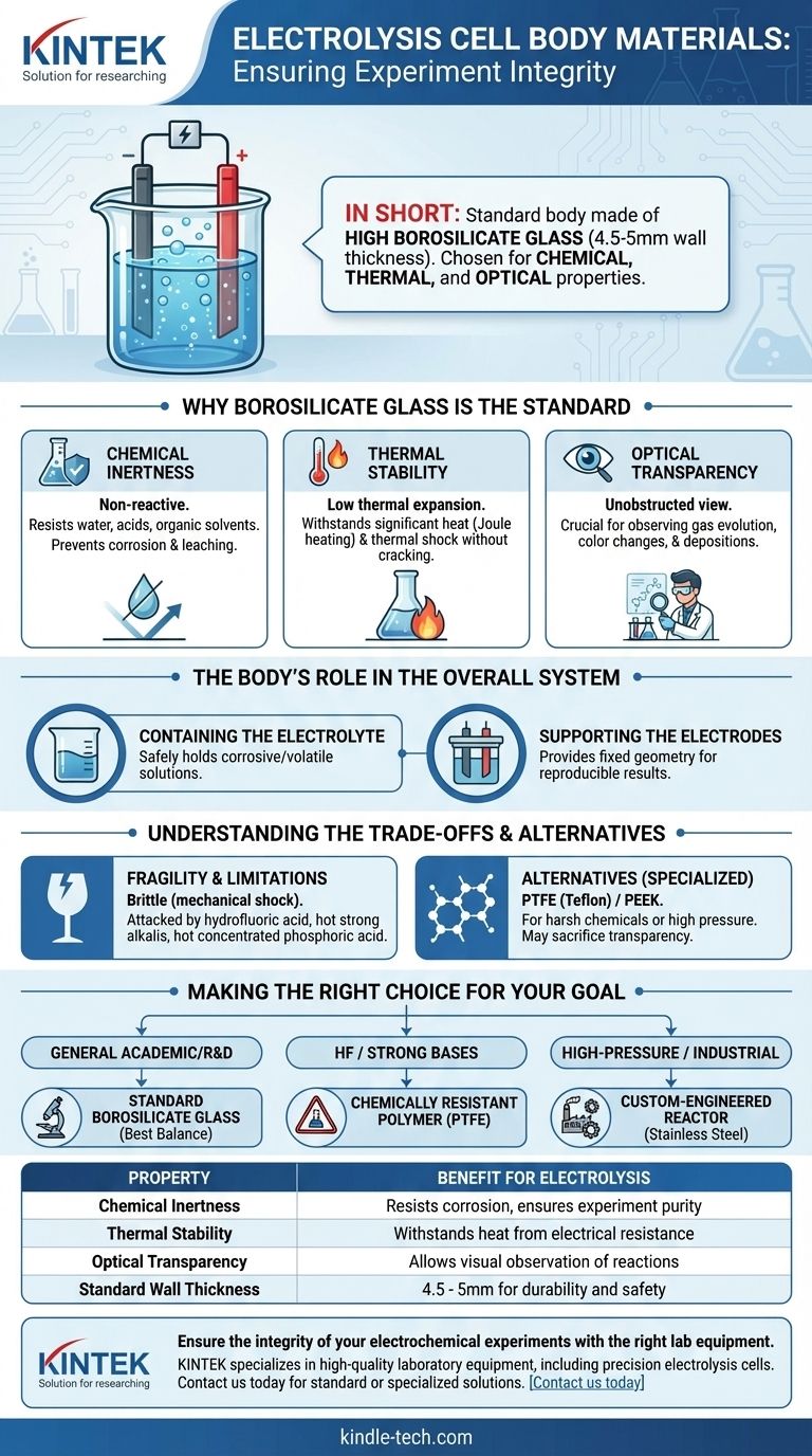 What material is the body of the electrolysis cell made of? High Borosilicate Glass for Reliable Electrochemistry Visual Guide