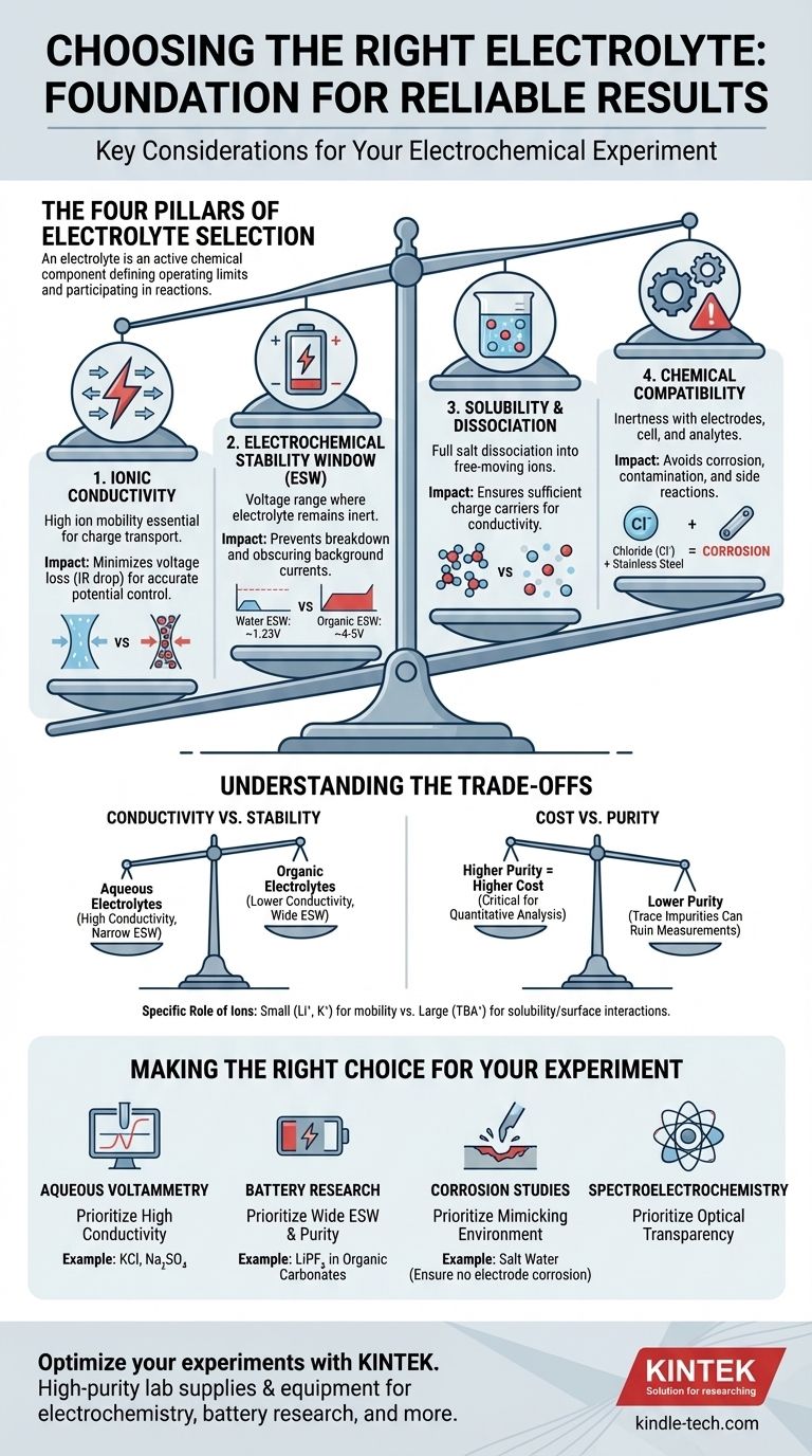 ¿Qué se debe considerar al seleccionar un electrolito para un experimento? Domine los 4 pilares clave para obtener resultados fiables Guía Visual