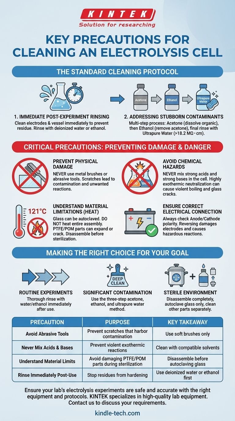 ما هي الاحتياطات الرئيسية التي يجب اتخاذها عند تنظيف خلية التحليل الكهربائي؟ ضمان سلامة المختبر ودقة النتائج دليل مرئي