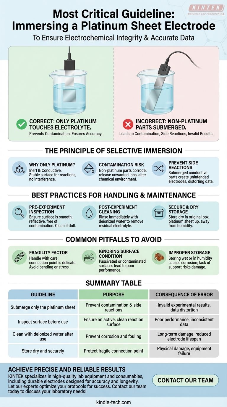 ما هو المبدأ التوجيهي الأكثر أهمية لغمر قطب صفيحة البلاتين في إلكتروليت؟ ضمان قياسات كيميائية كهربائية دقيقة دليل مرئي