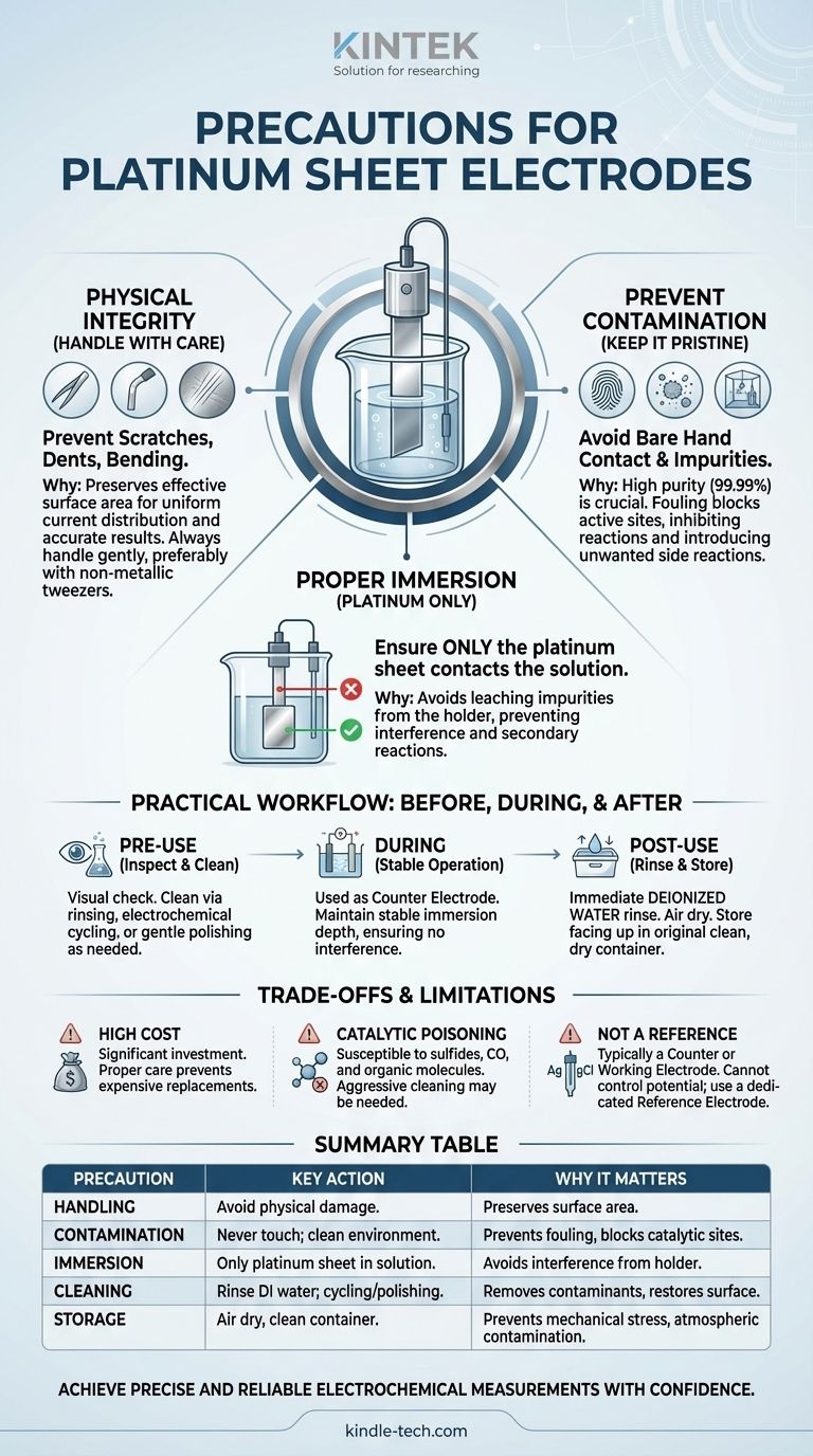ما هي الاحتياطات التي يجب اتخاذها عند استخدام قطب كهربائي من صفائح البلاتين؟ تأكد من الحصول على بيانات كهروكيميائية دقيقة وقابلة للتكرار دليل مرئي