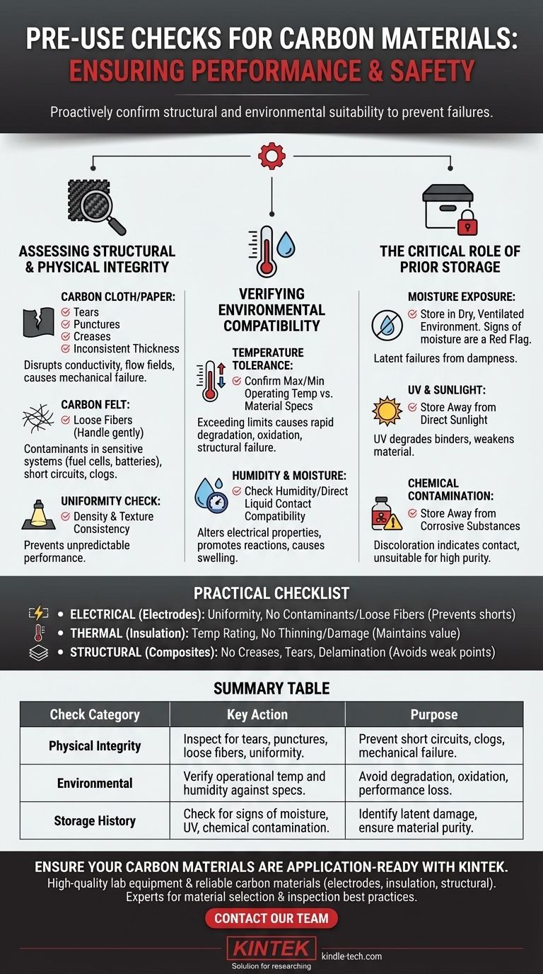 Welche allgemeinen Vorabprüfungen sollten an Kohlenstoffmaterialien durchgeführt werden? Gewährleisten Sie Spitzenleistung und vermeiden Sie kostspielige Ausfälle Visuelle Anleitung
