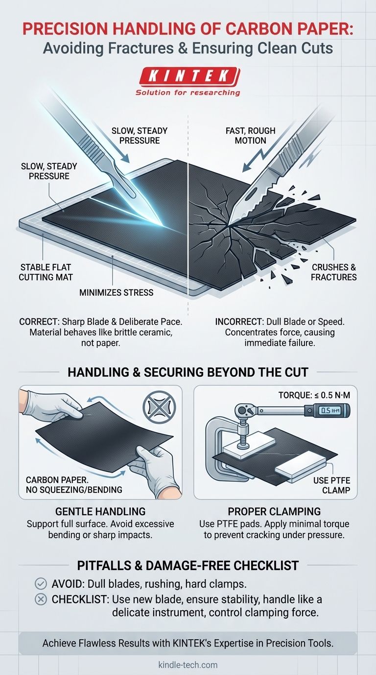 Como o papel carbono deve ser manuseado durante o corte? Evite fraturas com uma abordagem delicada e precisa Guia Visual