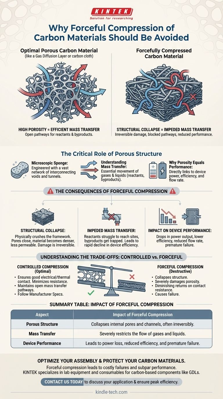 Pourquoi faut-il éviter la compression forcée des matériaux carbonés ? Pour prévenir les dommages aux structures poreuses critiques Guide Visuel