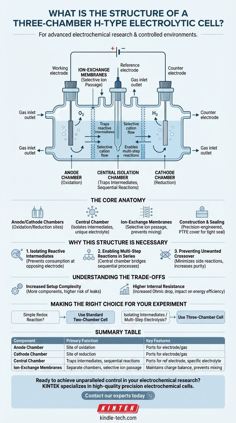 ¿Cuál es la estructura de una celda electrolítica de tipo H de tres cámaras? Desbloquee la precisión para reacciones electroquímicas complejas Guía Visual