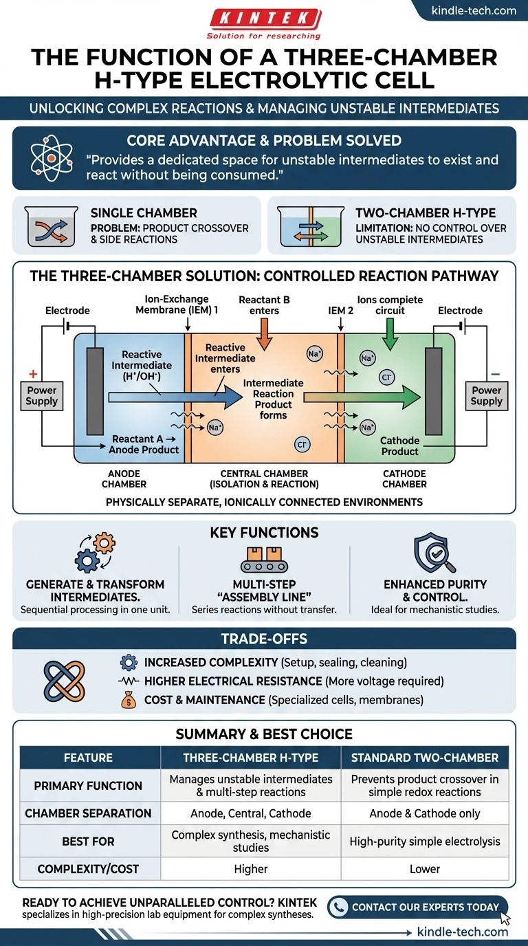 What is the function of a three-chamber H-type electrolytic cell? Unlock Complex Multi-Step Electrochemical Reactions Visual Guide