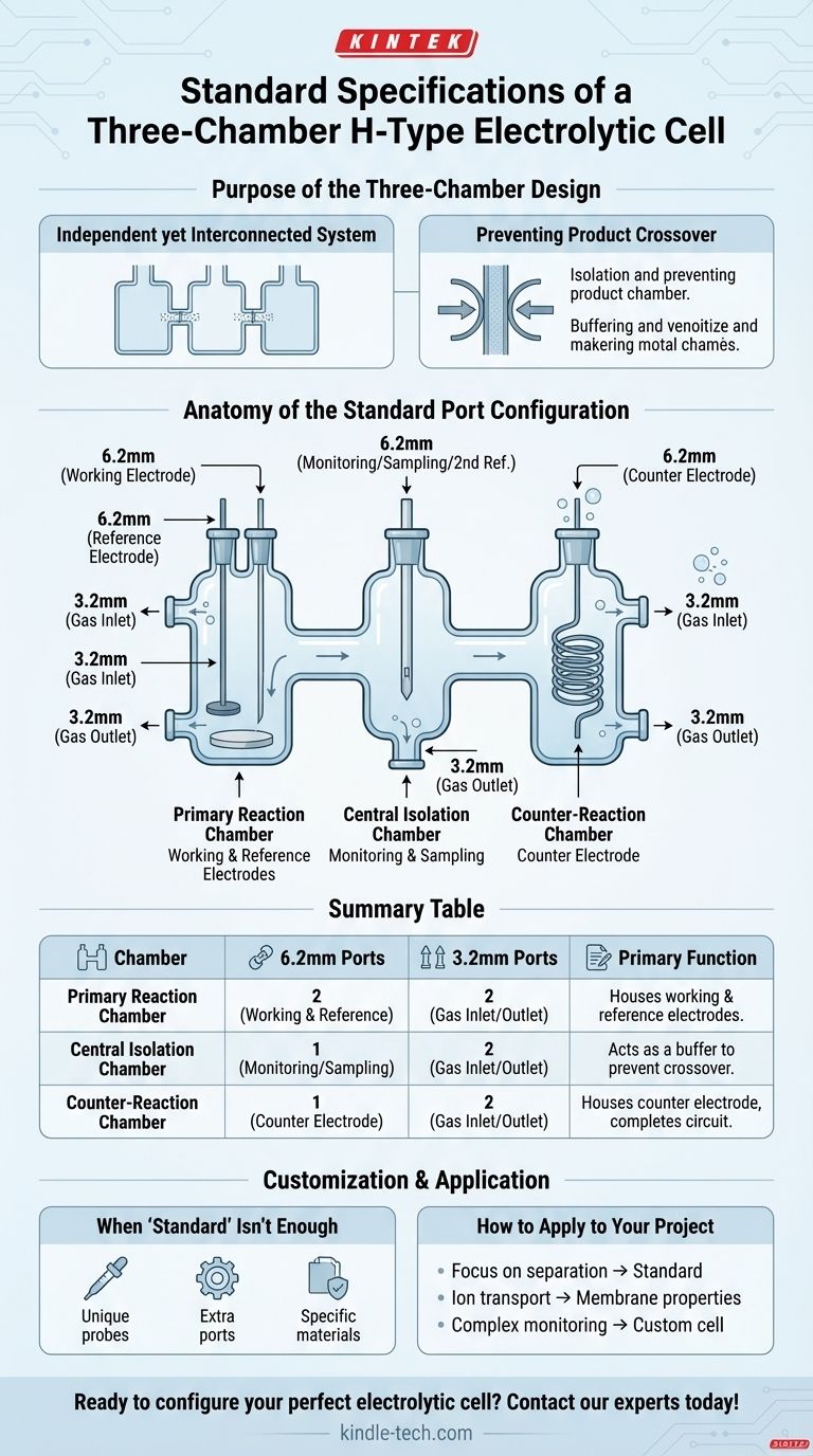 ما هي مواصفات الفتحات القياسية لخلية التحليل الكهربائي من النوع H ثلاثية الحجرات؟ دليل لتخطيطات ومنافذ الوظائف دليل مرئي
