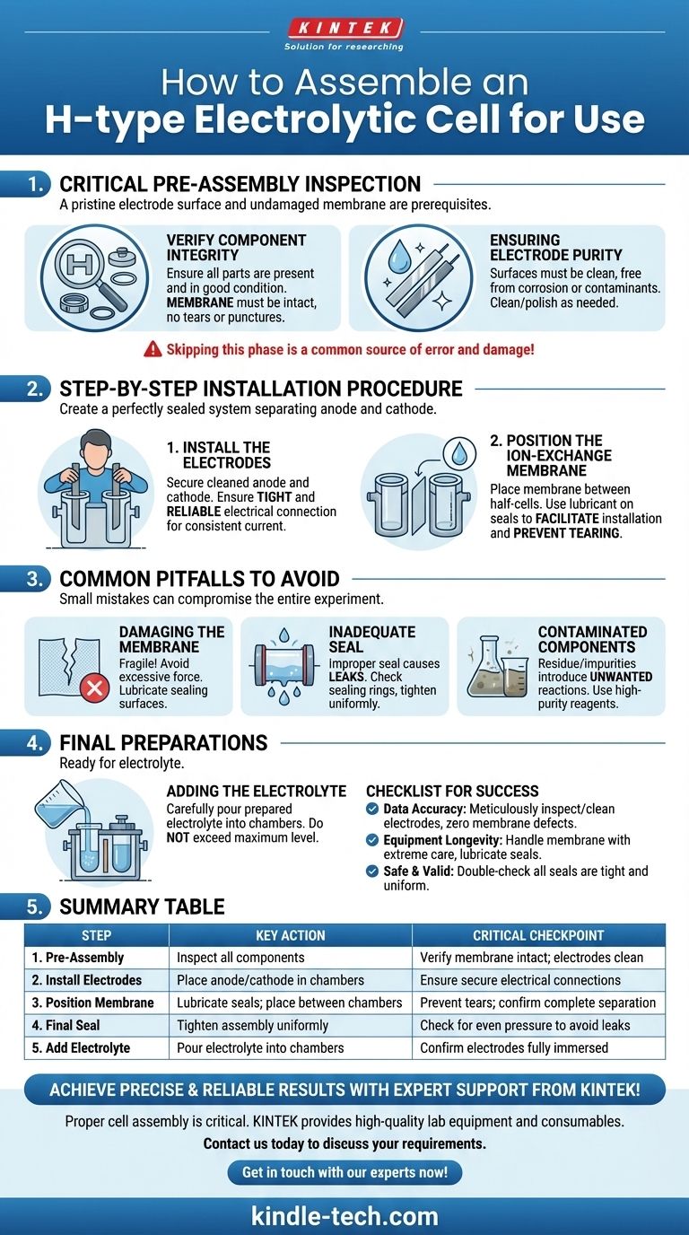 How are the electrodes and ion-exchange membrane installed in an H-type electrolytic cell before use? Ensure a Leak-Free Setup for Accurate Results Visual Guide