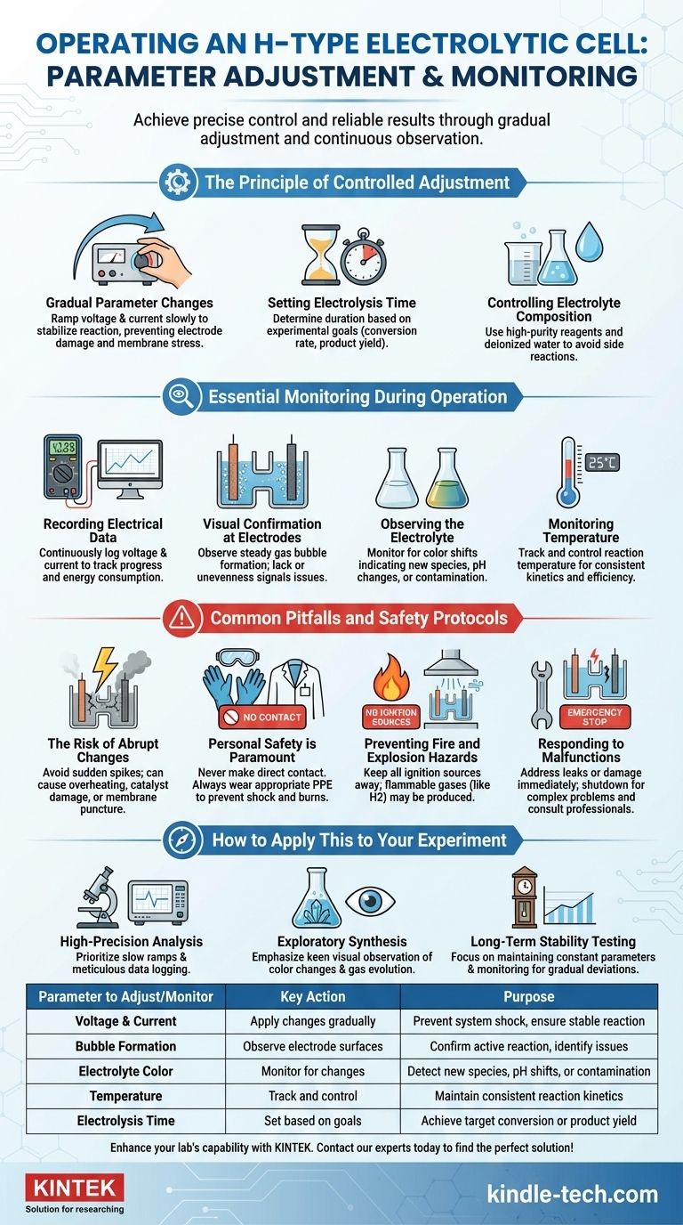 كيف ينبغي تعديل ومراقبة المعلمات التجريبية أثناء تشغيل خلية التحليل الكهربائي من النوع H؟ إتقان التحكم الدقيق للحصول على نتائج موثوقة دليل مرئي