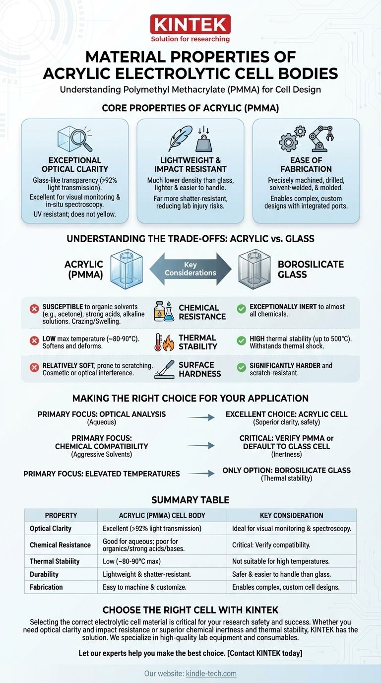 Quais são as propriedades materiais do corpo da célula eletrolítica de acrílico? | Clareza, Segurança e Resistência Química Guia Visual