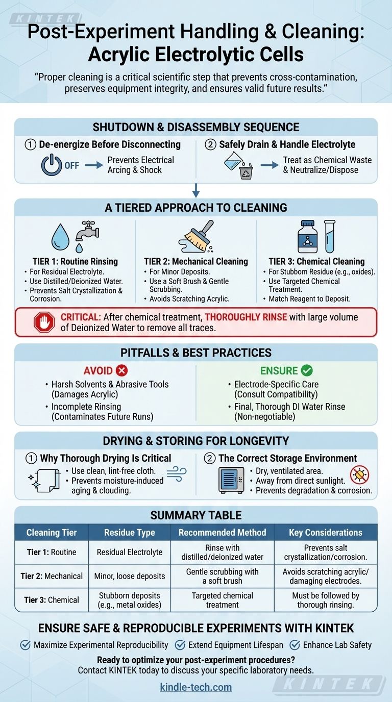 Quelles sont les procédures correctes de manipulation et de nettoyage après l'expérience d'une cellule électrolytique en acrylique et de ses composants ? Assurer la sécurité et la reproductibilité Guide Visuel
