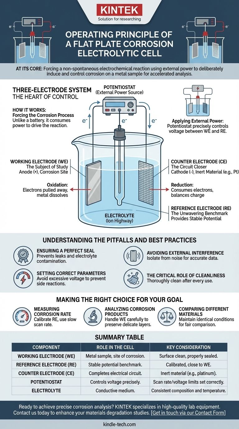 Quel est le principe de fonctionnement d'une cellule électrolytique pour la corrosion sur plaque plate ? Un guide pour les essais contrôlés de matériaux Guide Visuel