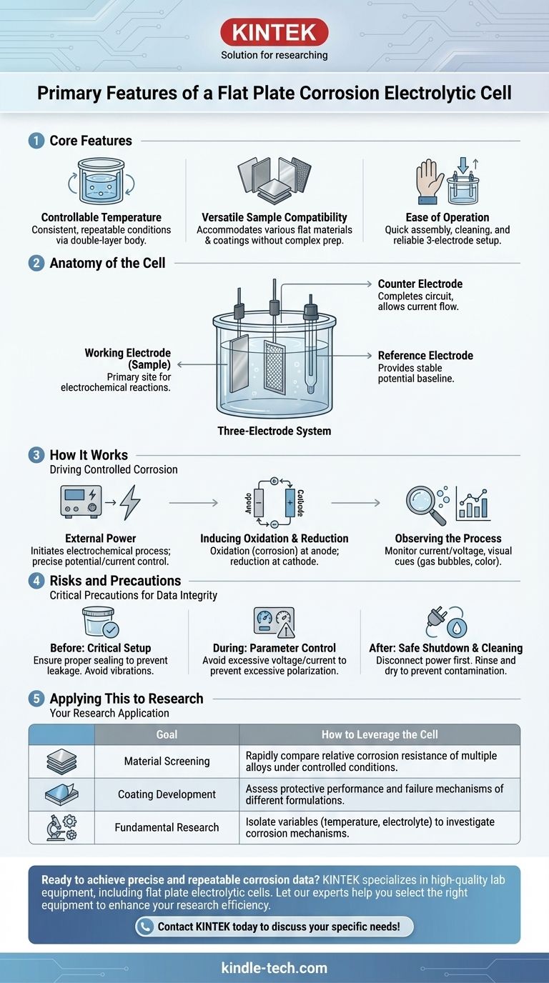 Quali sono le caratteristiche principali di una cella elettrolitica per la corrosione a piastra piana? Ottieni dati precisi e ripetibili sulla corrosione Guida Visiva