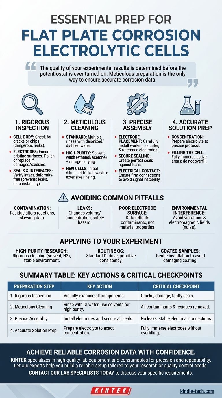 Каковы полные шаги подготовки, которые необходимо предпринять перед использованием электрохимической ячейки с плоской пластиной для коррозионных испытаний? Обеспечьте точные и воспроизводимые результаты Визуальное руководство