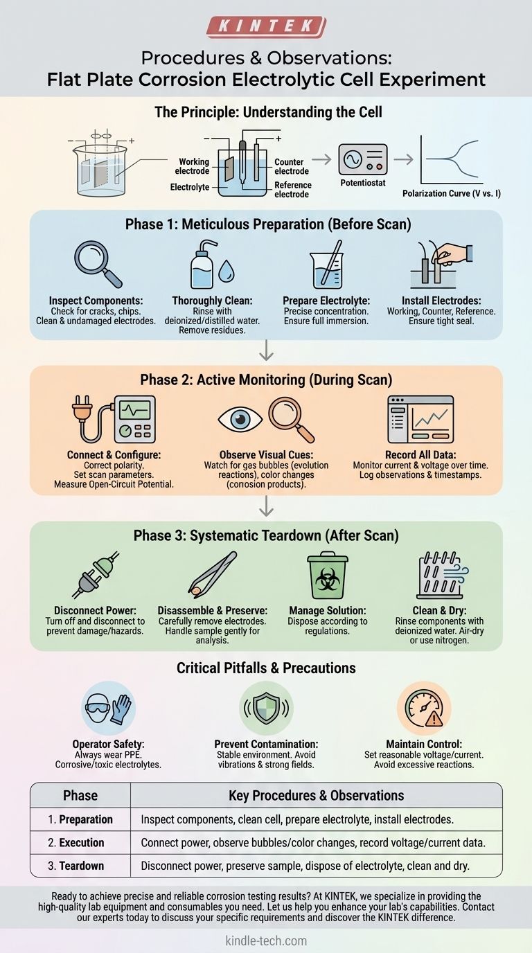 Какие процедуры и наблюдения необходимы во время эксперимента с электрохимической ячейкой для коррозии плоской пластины? Освойте 3-фазный метод Визуальное руководство