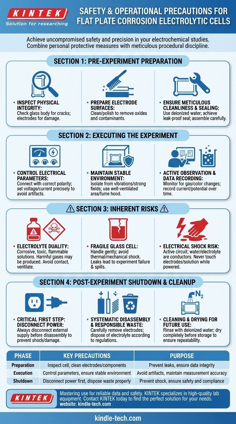 ما هي احتياطات السلامة والتشغيل الحرجة لاستخدام خلية التحليل الكهربائي للتآكل ذات اللوح المسطح؟ ضمان اختبار كيميائي كهربائي آمن ودقيق دليل مرئي