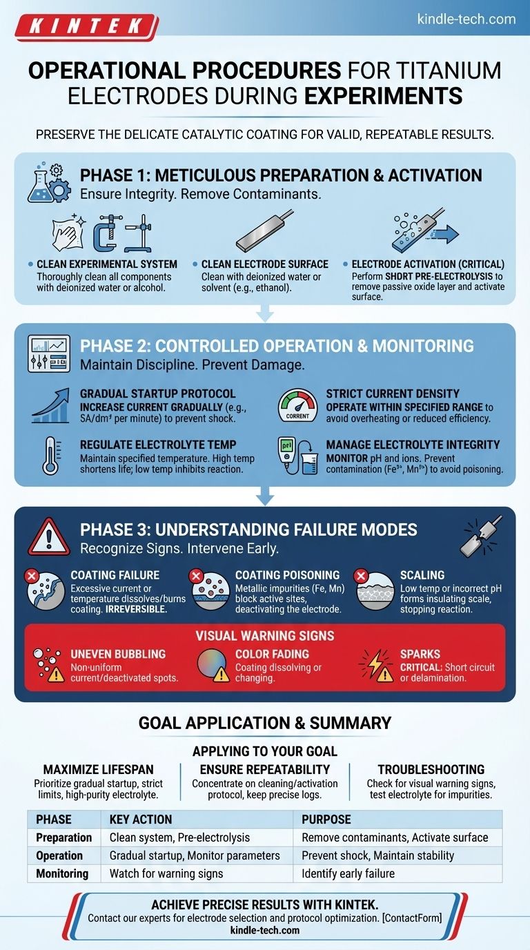 실험 중 티타늄 전극에 대해 따라야 할 작동 절차는 무엇입니까? 코팅 무결성 및 반복 가능한 결과 보장 시각적 가이드