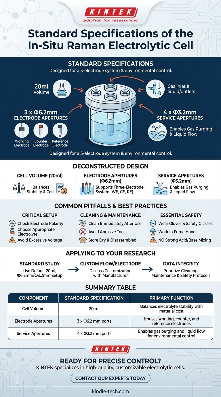 What are the standard specifications for the volume and apertures of the in-situ Raman electrolytic cell? Master the Design for Precise Analysis Visual Guide