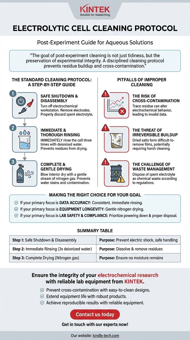 Welche Schritte sollten unternommen werden, um die Elektrolysezelle nach einem typischen Experiment mit einer wässrigen Lösung zu reinigen? Datengenauigkeit & Langlebigkeit der Ausrüstung gewährleisten Visuelle Anleitung