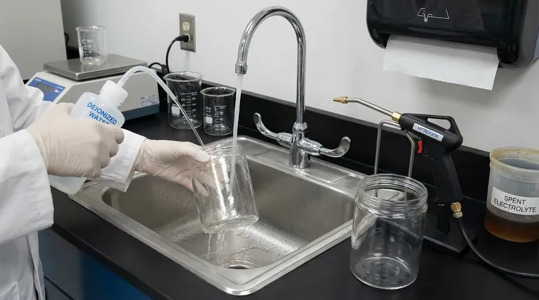 ما هي الخطوات التي ينبغي اتخاذها لتنظيف الخلية الإلكتروليتية بعد تجربة نموذجية باستخدام محلول مائي؟ تأكد من دقة البيانات وإطالة عمر المعدات