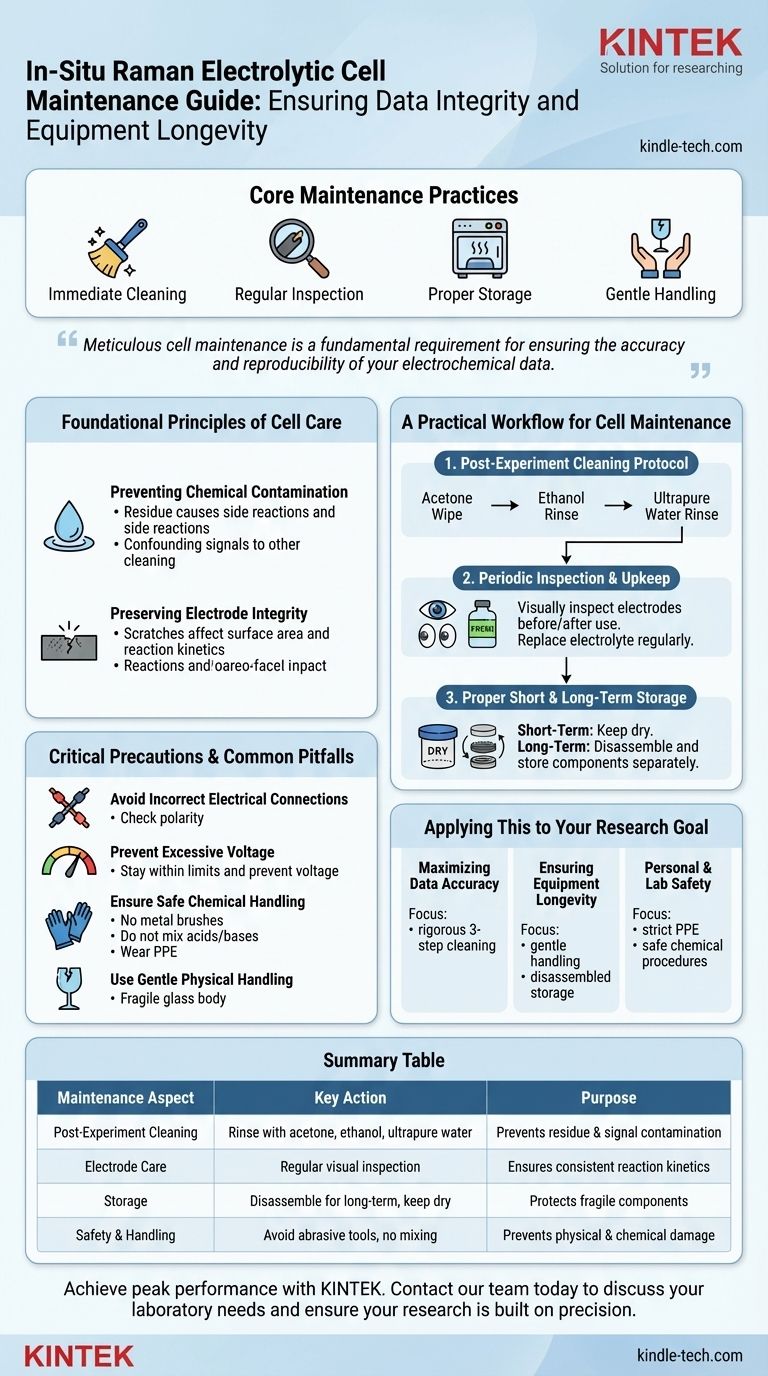 Quais são as práticas recomendadas de manutenção e cuidados para a célula eletrolítica Raman in-situ? Garanta a Precisão dos Dados e a Longevidade do Equipamento Guia Visual