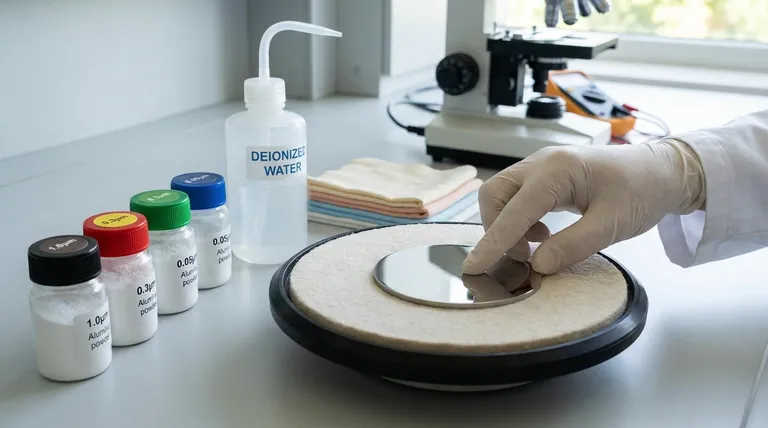 How should alumina powder be selected for polishing a disc electrode, and what is the procedure for removing scratches? Achieve a Perfect Mirror Finish