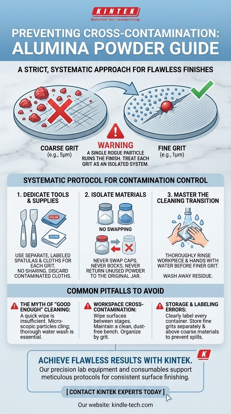 使用不同粒径的氧化铝粉末时，应采取哪些措施防止交叉污染？ 图解指南