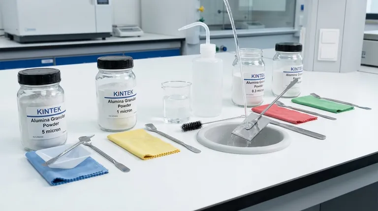 ما هي الإجراءات التي يجب اتخاذها لمنع التلوث المتبادل عند استخدام أحجام مختلفة من مسحوق الألومينا؟