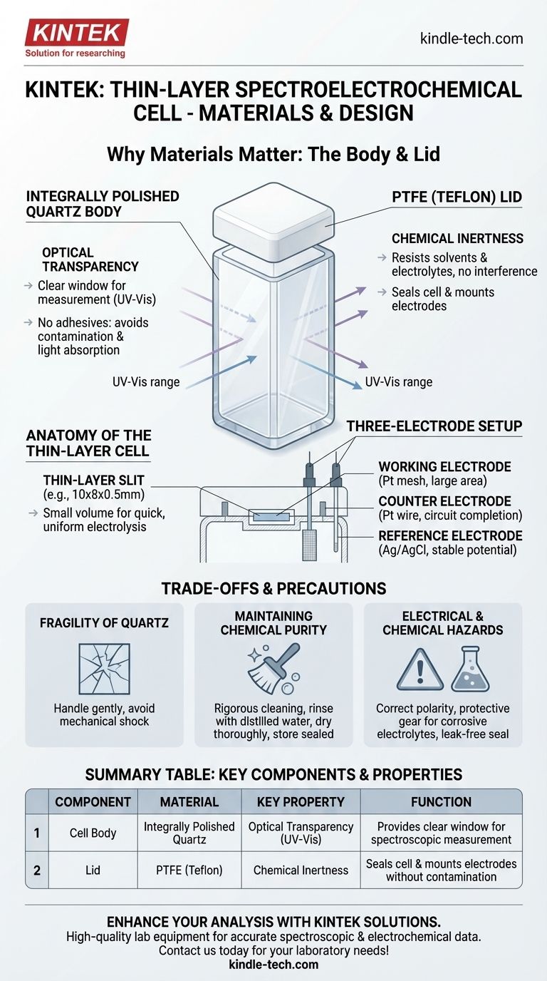 Quais são os materiais usados para o corpo e a tampa de uma célula espectro-eletroquímica de camada fina? Desbloqueando a Precisão com Quartzo e PTFE Guia Visual