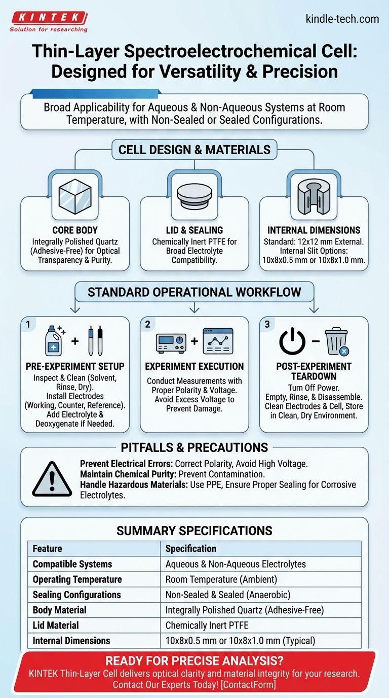 박막 분광전기화학 셀은 어떤 유형의 시스템, 온도 범위 및 밀봉 구성에 맞게 설계되었습니까? 수성 및 비수성 분석에 이상적입니다. 시각적 가이드