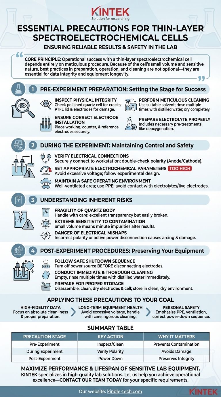 What general precautions should be taken when using a thin-layer spectroelectrochemical cell? Ensure Accurate Results and Equipment Safety Visual Guide