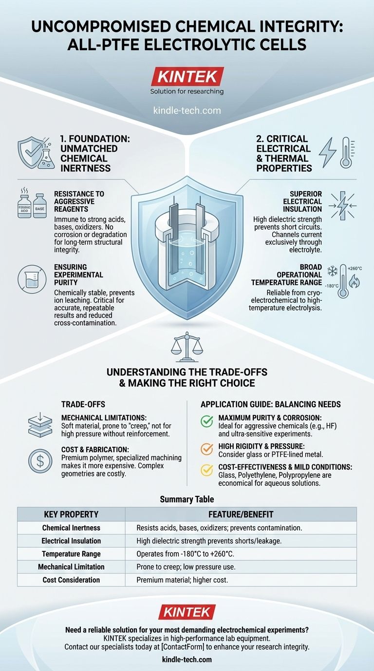 Quelles sont les propriétés matérielles clés et les caractéristiques structurelles d'une cellule électrolytique entièrement en PTFE ? Atteignez une pureté inégalée dans les environnements électrochimiques difficiles Guide Visuel
