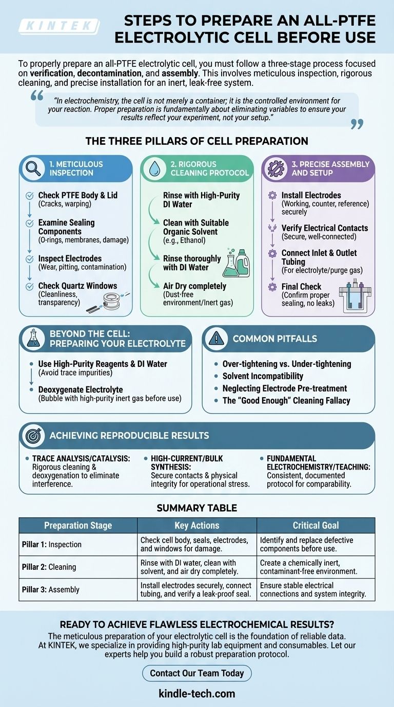 ما هي الخطوات اللازمة لإعداد خلية تحليل كهربائي مصنوعة بالكامل من PTFE قبل الاستخدام؟ إتقان بروتوكول الركائز الثلاث للنتائج الموثوقة دليل مرئي