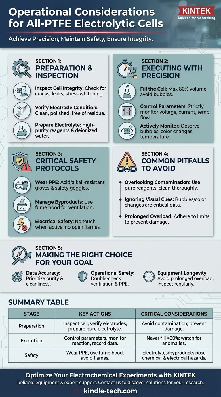 Quelles considérations opérationnelles doivent être prises lors d'une expérience utilisant une cellule électrolytique entièrement en PTFE ? Assurer la précision et la sécurité Guide Visuel