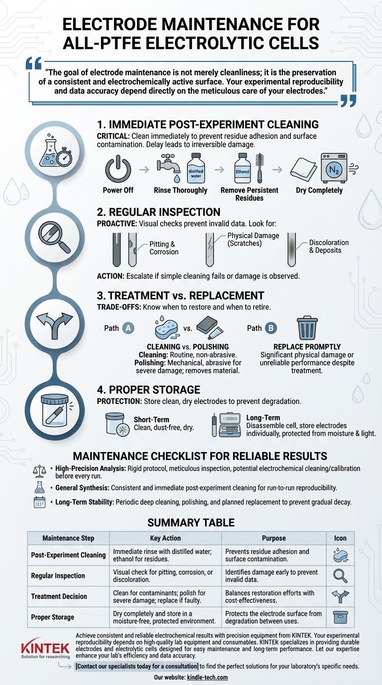 Qual è la manutenzione raccomandata per gli elettrodi utilizzati con una cella elettrolitica interamente in PTFE? Garantire longevità e accuratezza dei dati Guida Visiva