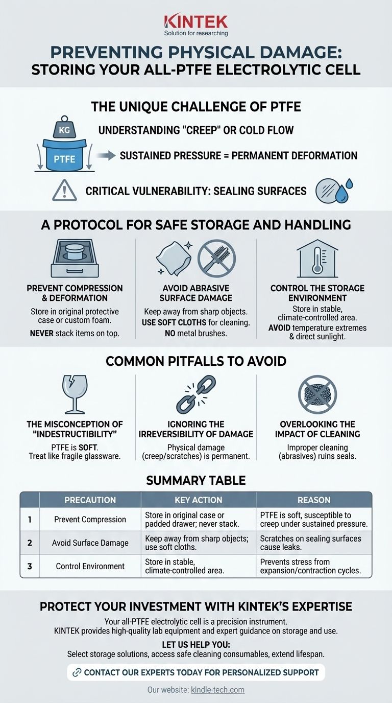 ما هي الاحتياطات التي يجب اتخاذها أثناء تخزين خلية التحليل الكهربائي المصنوعة بالكامل من مادة PTFE؟ منع التشوه الدائم وفشل الختم دليل مرئي