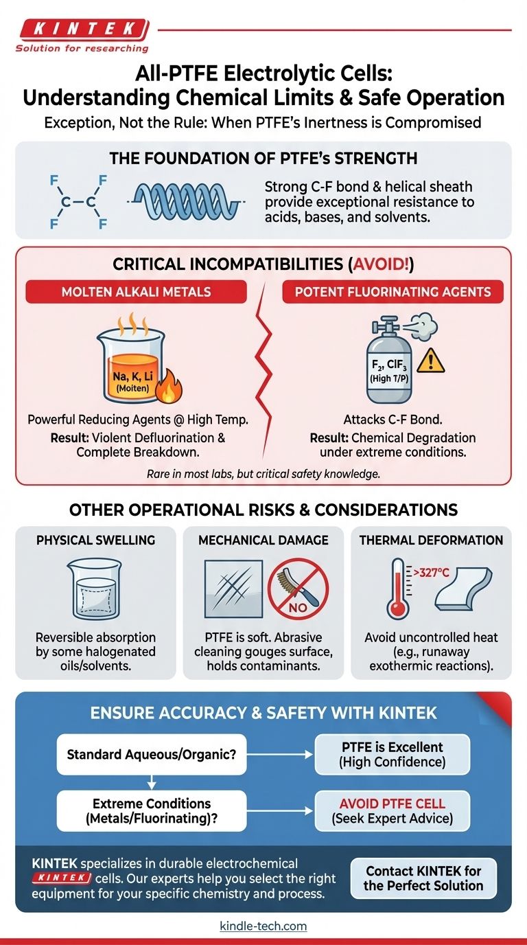هل توجد أي مواد كيميائية يجب تجنبها مع خلية تحليل كهربائي مصنوعة بالكامل من مادة PTFE؟ اعرف الحدود الحرجة لمختبرك دليل مرئي