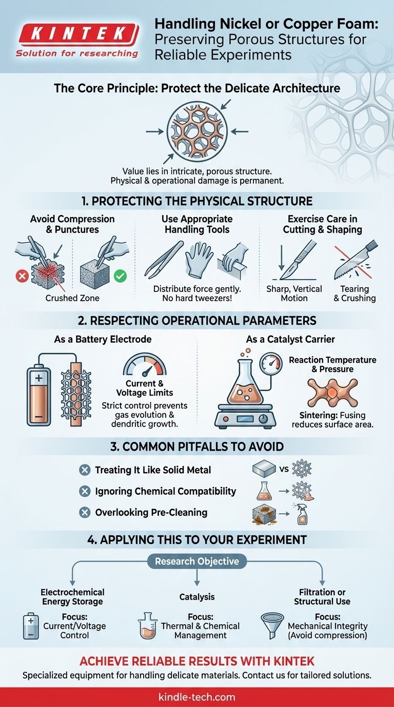 Como a espuma de níquel ou cobre deve ser manuseada durante um experimento? Proteja a Estrutura Porosa Crítica da Sua Amostra Guia Visual