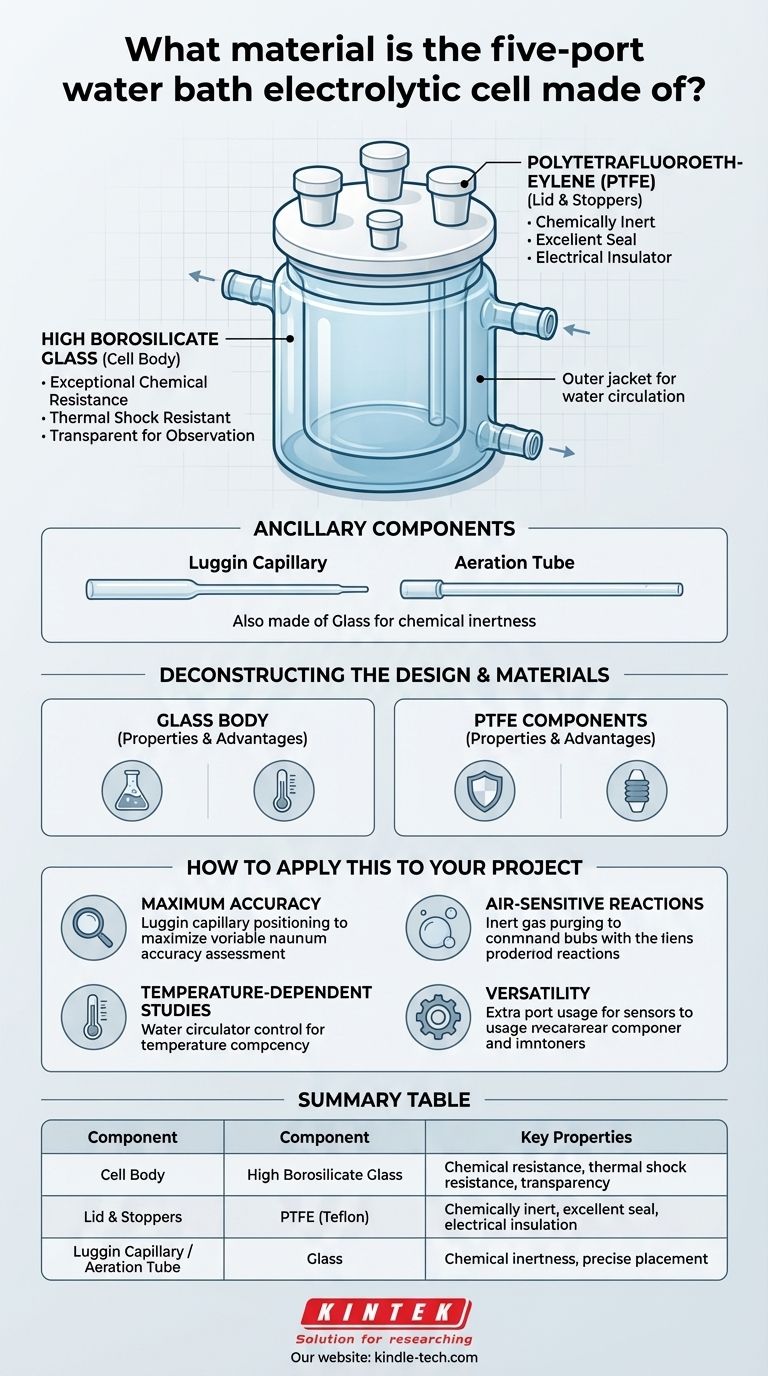 5구 수조 전해 셀은 어떤 재질로 만들어졌나요? 고붕규산 유리 및 PTFE에 대한 설명 시각적 가이드