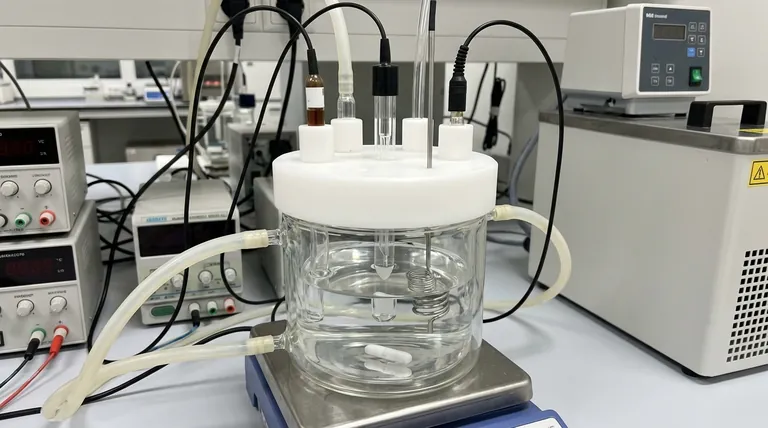 5구 수조 전해 셀은 어떤 재질로 만들어졌나요? 고붕규산 유리 및 PTFE에 대한 설명