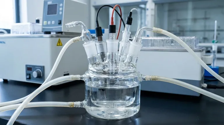 Qual é a faixa de volume típica para a célula eletrolítica com banho de água de cinco portas? De 10ml a 1000ml