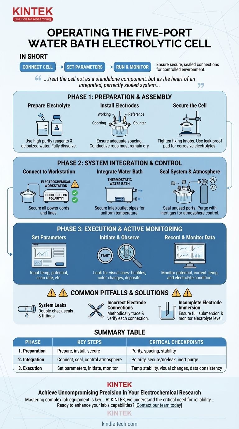 Como a célula eletrolítica de banho de água de cinco portas deve ser operada durante um experimento? Domine o Controle Preciso para Resultados Confiáveis Guia Visual