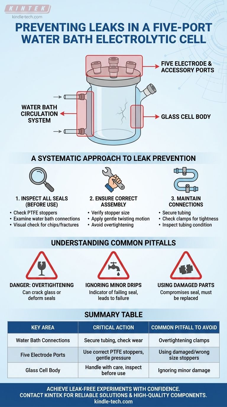 كيف يمكن منع التسربات عند استخدام خلية تحليل كهربائي بحوض مائي خماسي المنافذ؟ ضمان إعداد كيميائي كهربائي موثوق وآمن دليل مرئي