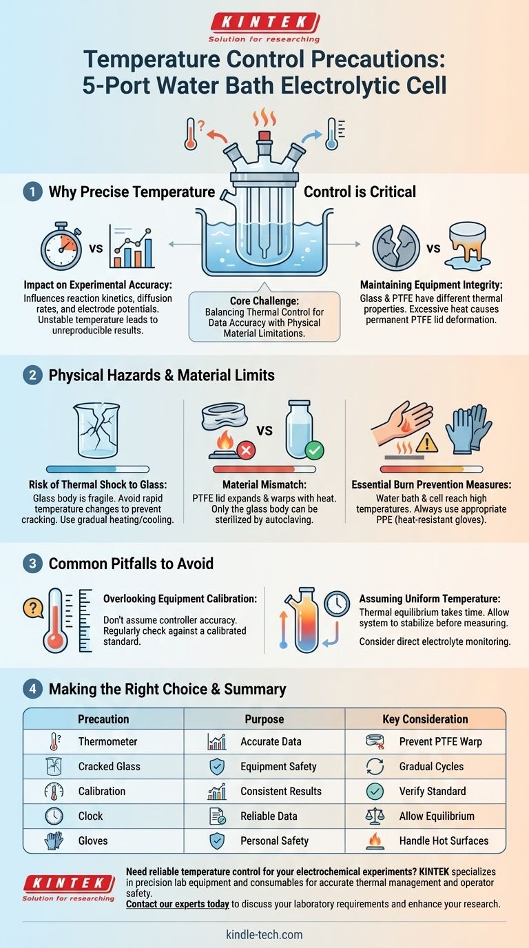 What precautions should be taken regarding temperature control with a five-port water bath electrolytic cell? Ensure Safe and Accurate Electrochemical Experiments Visual Guide