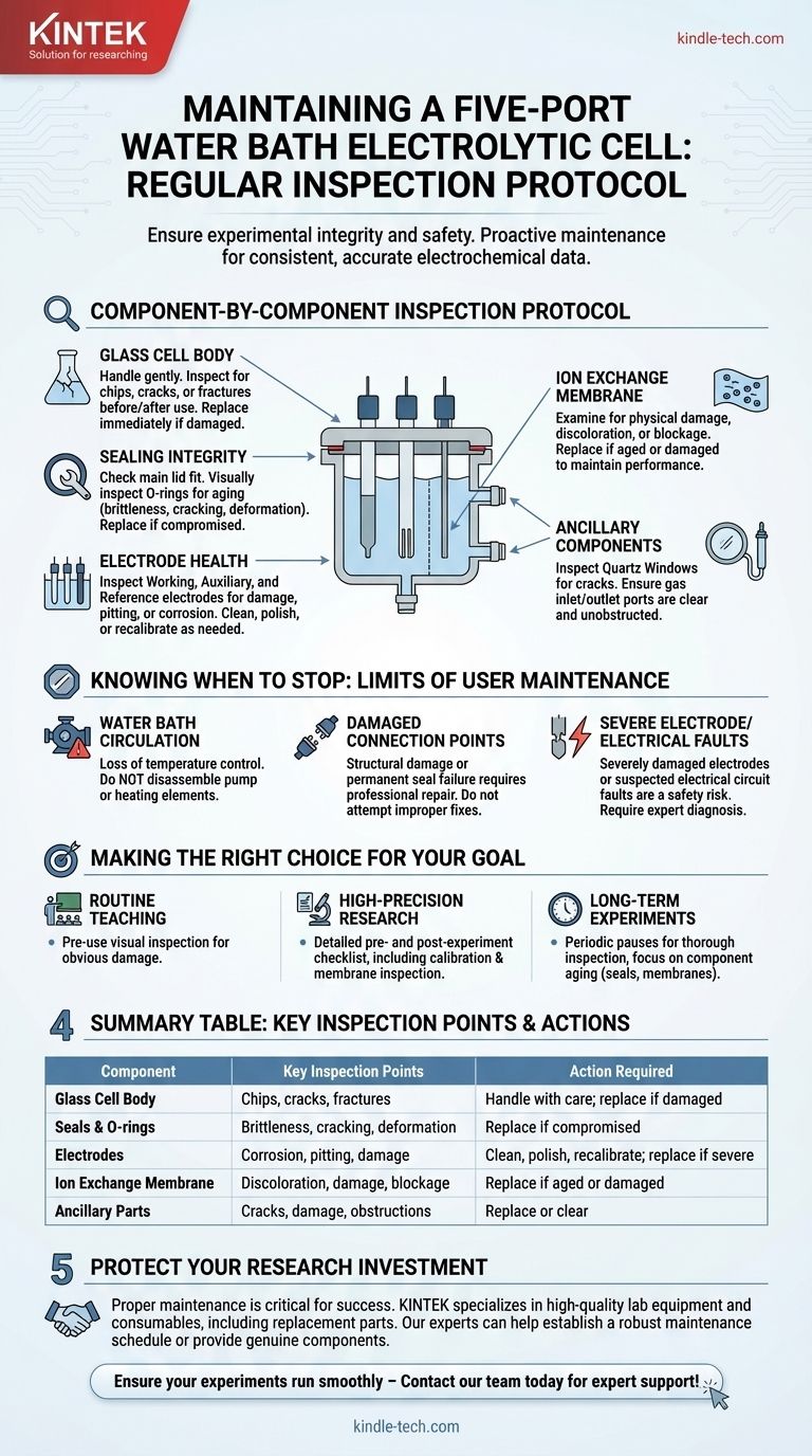 Quais inspeções regulares são necessárias para uma célula eletrolítica de banho de água de cinco portas? Garanta Resultados Eletroquímicos Consistentes Guia Visual