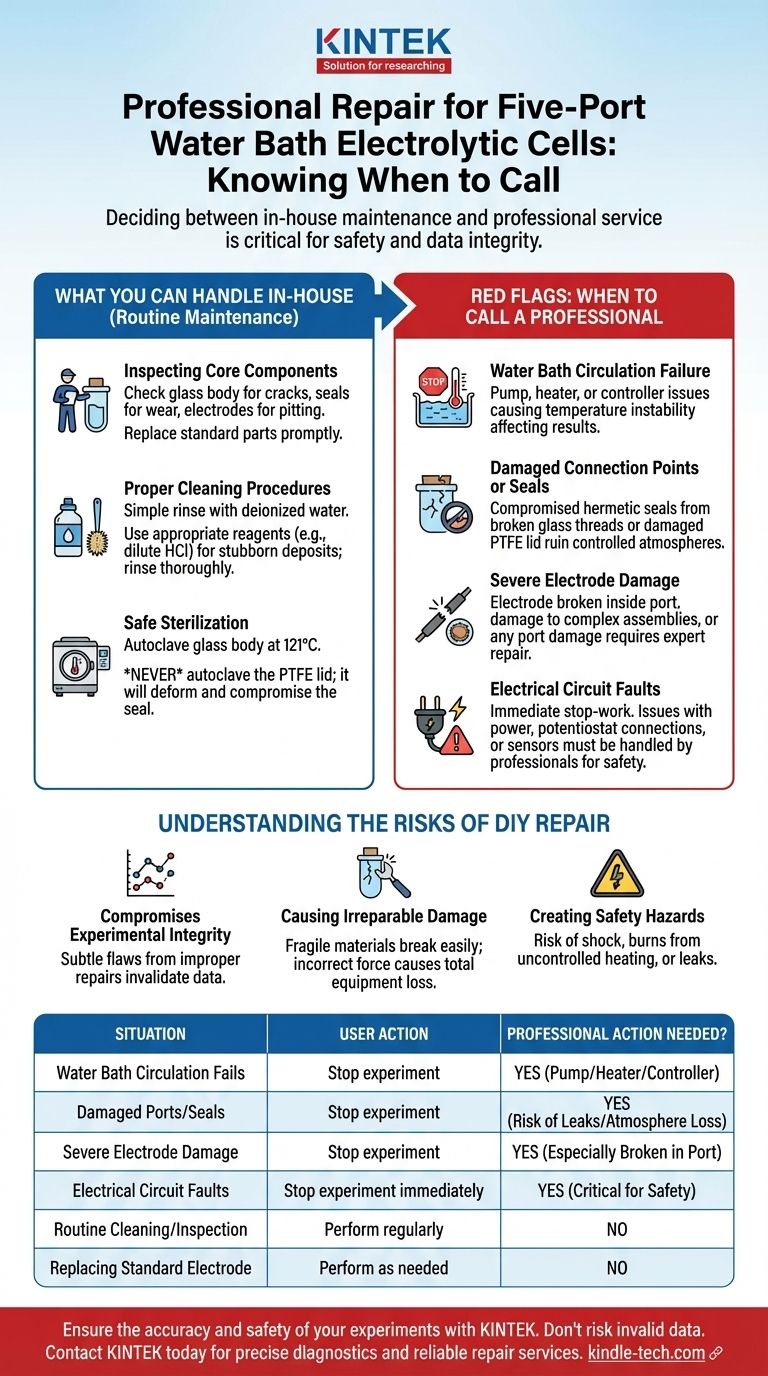 Wann ist eine professionelle Reparatur für eine Elektrolysezelle mit Fünf-Port-Wasserbad erforderlich? Vermeiden Sie kostspielige Schäden und Datenverluste Visuelle Anleitung