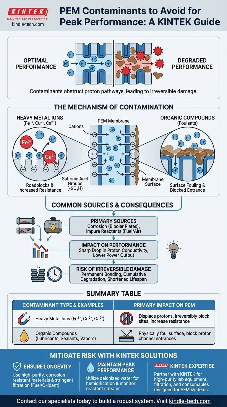 What contaminants should be avoided during the operation of a proton exchange membrane? Protect Your PEM from Heavy Metals & Organics Visual Guide
