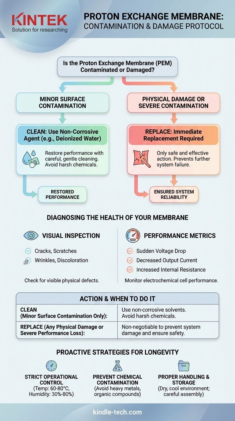 Que faut-il faire si une membrane échangeuse de protons est trouvée contaminée ou endommagée ? Restaurer les performances ou Remplacer pour des raisons de sécurité Guide Visuel