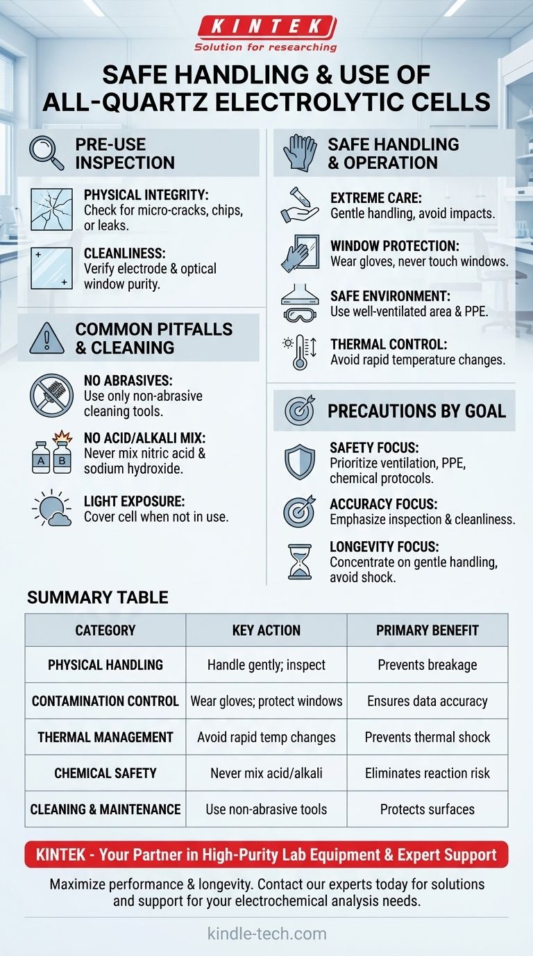 Welche Vorsichtsmaßnahmen sollten beim Handhaben und Verwenden einer Elektrolysezelle aus Quarzglas getroffen werden? Gewährleistung einer sicheren, genauen und dauerhaften Leistung Visuelle Anleitung