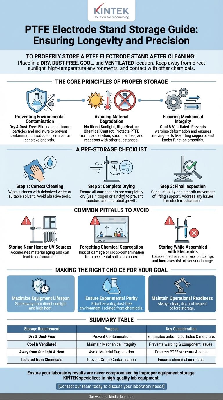 Quais são os requisitos de armazenamento para o suporte de eletrodo de PTFE após a limpeza? Preserve a Pureza e a Longevidade do Equipamento Guia Visual